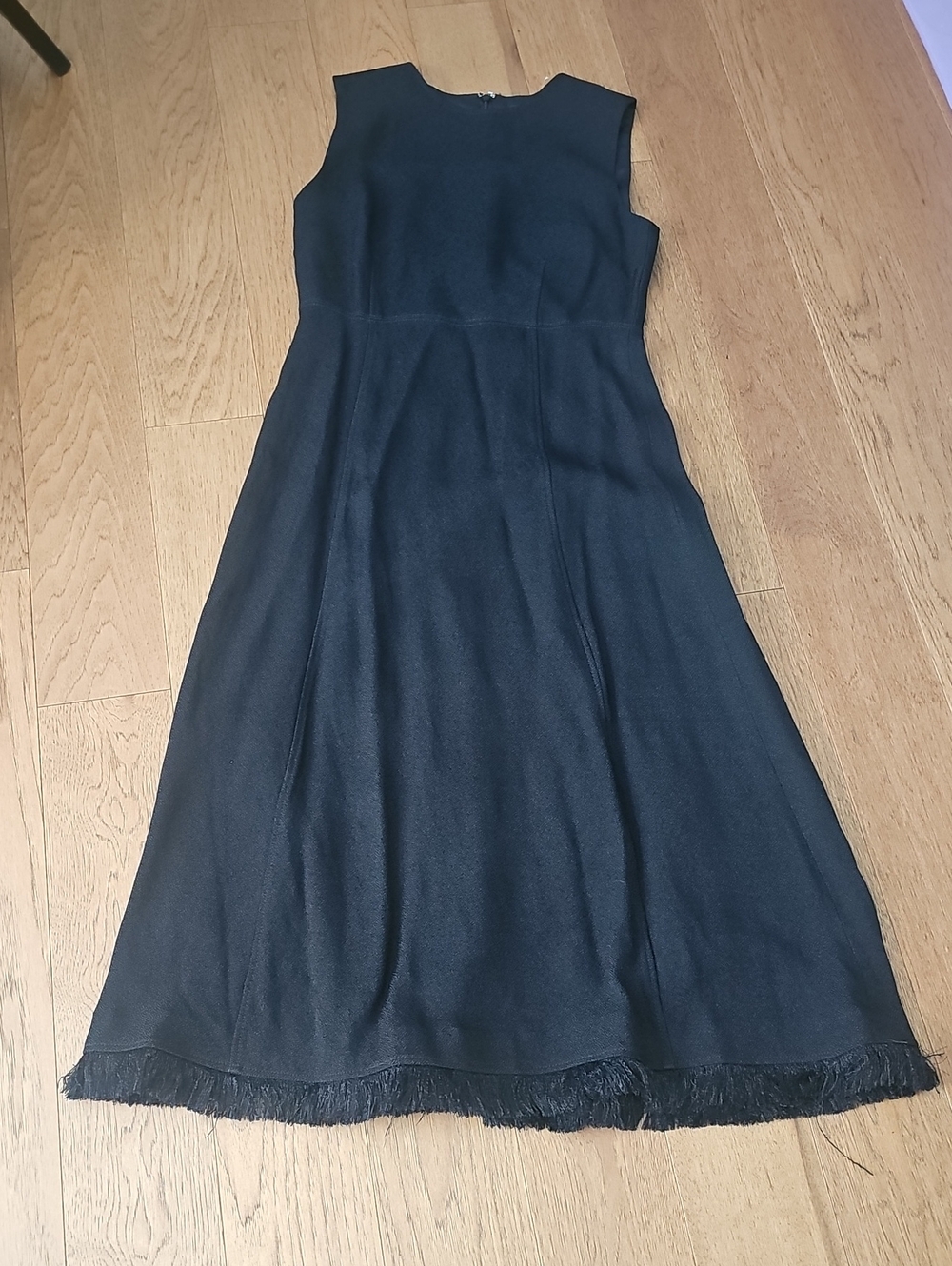 J. Crew Black Sleeveless Fit-and-Flare Dress with Fringe Hem